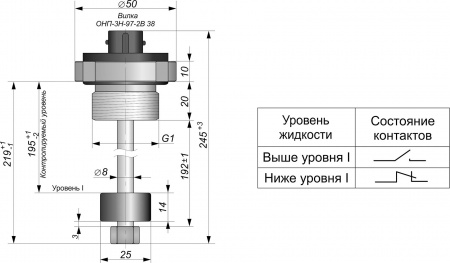 Датчик герконовый поплавковый уровня жидкости DFG 25.14-B1-NC-195.08-G1 -R2.97 -L